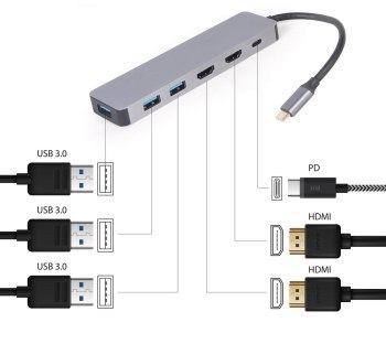 GEMBIRD MULTI ADAPTER USB TYP-C 3W1 SREBRNY HUB USB HDMI PD (100W)