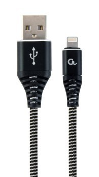 GEMBIRD KABEL PREMIUM USB 2.0 DO 8-PIN (METALOWE WTYKI OPLOT NYLONOWY) 2M CZARNO/BIAŁY