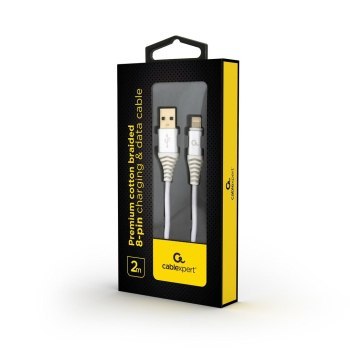 GEMBIRD KABEL PREMIUM USB 2.0 DO 8-PIN (METALOWE WTYKI OPLOT NYLONOWY) 2M SREBRNO/BIAŁY