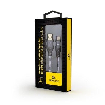 GEMBIRD KABEL PREMIUM USB 2.0 DO 8-PIN (METALOWE WTYKI OPLOT NYLONOWY) 2M SZARO/BIAŁY