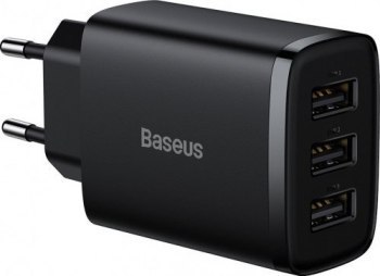 Baseus Compact Quick Charger, 3x USB, 17W (czarna)