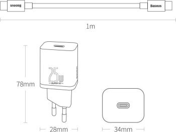 Baseus Super Si Quick Charger 1C 25W z przewodem USB-C do USB-C 1m (biała)