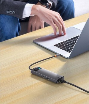 Replikator - Baseus Metal Gleam Series 7w1 , USB-C do 3x UB 3.0 + 2x HDMI +S USB-C PD + Ethernet RJ45