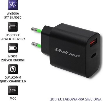 Qoltec 18W | 5-12V | 1.5-3A | USB typ C PD | USB QC 3.0 | Czarna