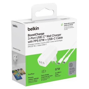 Belkin Ładowarka kątowa 3 porty USB-C PPS 67 W, kabel USB-C