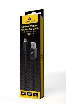 GEMBIRD KABEL USB - MICRO USB W OPLOCIE TEKSTYLNYM WTYKI W OSŁONIE METALOWEJ 1.8M ŁADOWANIE/TRANSMISJA DANYCH CZARNY