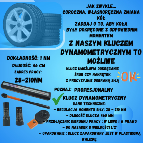 PROFESJONALNY KLUCZ DYNAMOMETRYCZNY 46cm 210 NM + Zestaw Bitów i Kluczy 1/4"