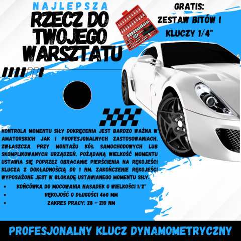 PROFESJONALNY KLUCZ DYNAMOMETRYCZNY 46cm 210 NM + Zestaw Bitów i Kluczy 1/4"